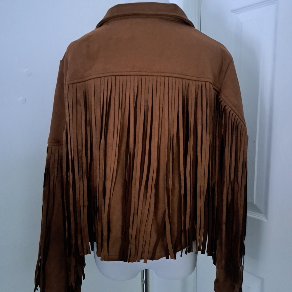 PrettyGarden Brown Faux Suede Fringe‎ Western Cropped Jacket New Large - Picture 6 of 8